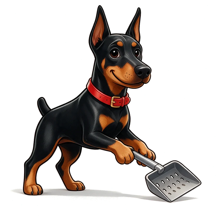 Swift Scoop Doberman mascot scooping the yard